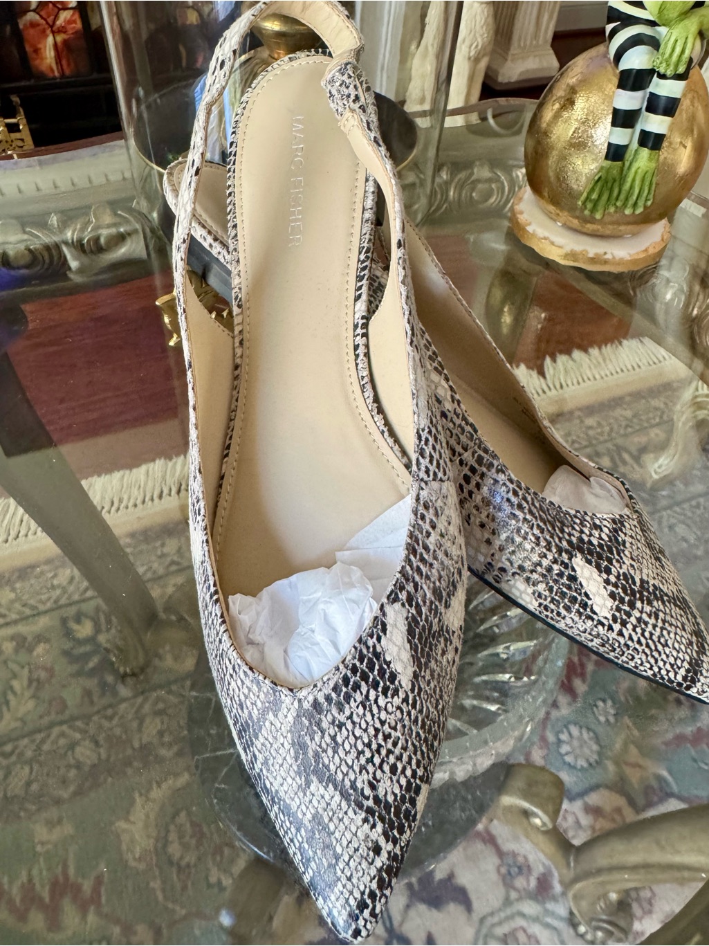 Marc Fisher Snake-Print Pointed Slingback Flats In Beige/Black New
